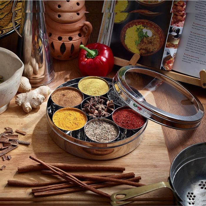 Masala Dabba Stainless Steel Spice Tin with Clear Lid – 7 Compartments