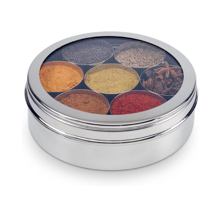 Masala Dabba Stainless Steel Spice Tin with Clear Lid – 7 Compartments