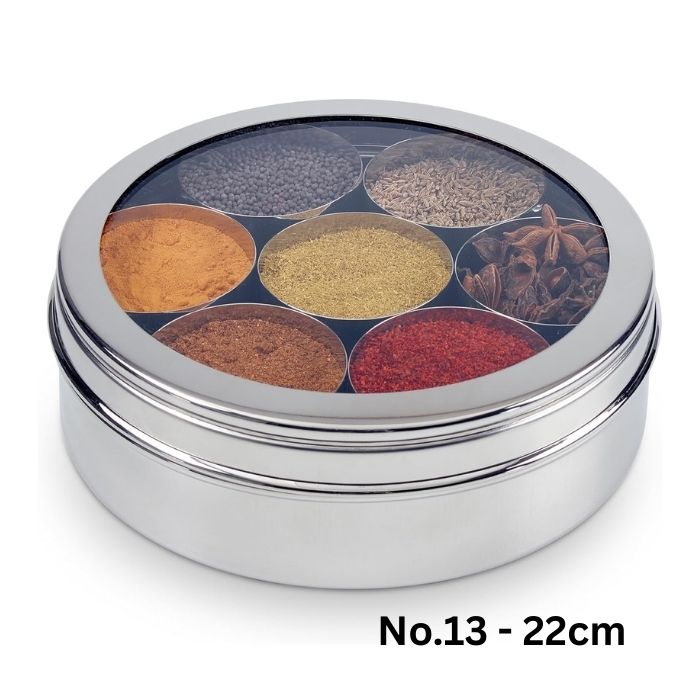Masala Dabba Stainless Steel Spice Tin with Clear Lid – 7 Compartments