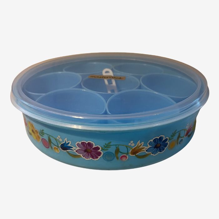 Plastic Masala Dabba Spice Box with 7 Compartments & Spoon – Round Spice Storage Container
