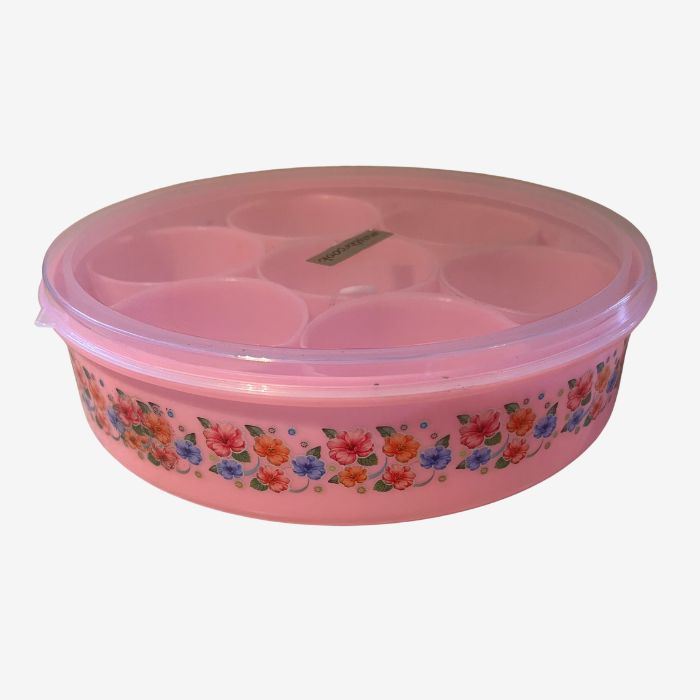 Plastic Masala Dabba Spice Box with 7 Compartments & Spoon – Round Spice Storage Container
