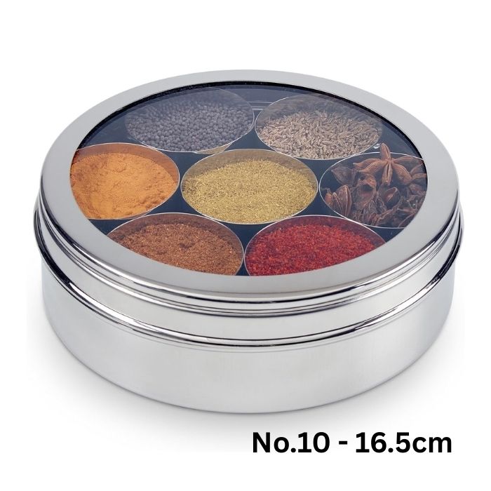 Masala Dabba Stainless Steel Spice Tin with Clear Lid – 7 Compartments