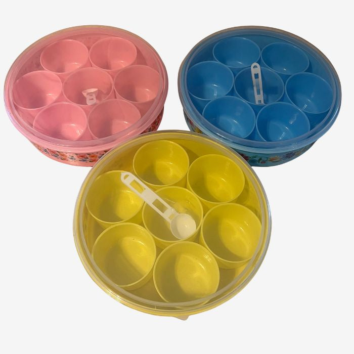 Plastic Masala Dabba Spice Box with 7 Compartments & Spoon – Round Spice Storage Container