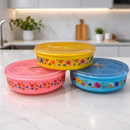 Plastic Masala Dabba Spice Box with 7 Compartments & Spoon – Round Spice Storage Container