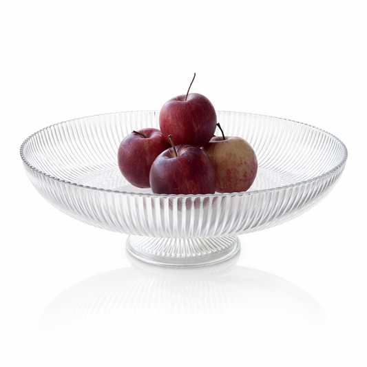 Glass Footed Fruit Bowl 30cm – Ribbed Clear Serving Bowl Centrepiece