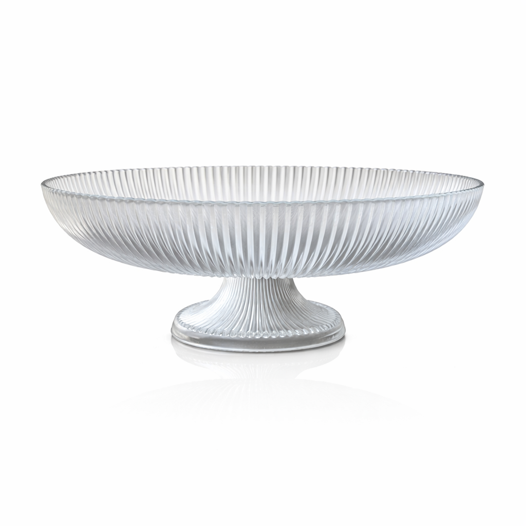 Glass Footed Fruit Bowl 30cm – Ribbed Clear Serving Bowl Centrepiece